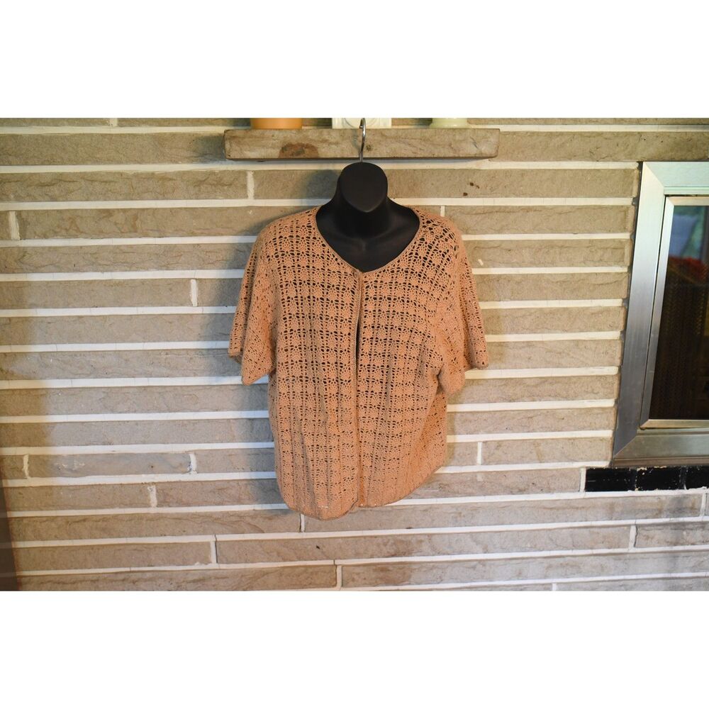 Tan brown Crochet Short sleeve cardigan boho beaded open knit XL vintage summer